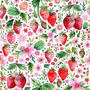 Strawberries and Flowers Painted in Loose Watercolor (Ditsy)