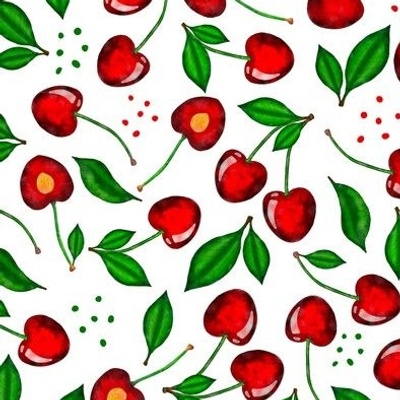 Kitchen cherry watercolor. Bright red fruits with leaves. Fresh summer garden. 