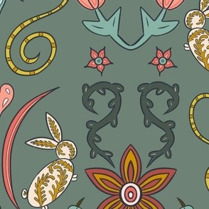 Spring Bunnies and Flowers on Sage Green Background