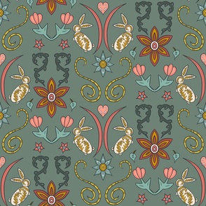 Spring Bunnies and Flowers on Sage Green Background