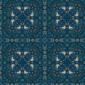 William Morris Inspired Vintage Bird Pattern Teal Blue