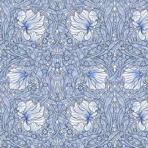 Pimpernel -MEDIUM - historic antiqued restored reconstruction  art nouveau damask by William Morris - blue white art deco adaption 