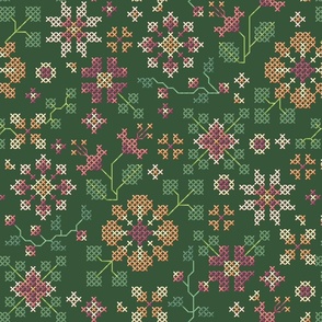 cross stitch flowers on dark green - large