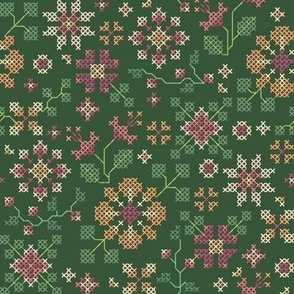 cross stitch flowers on dark green - small