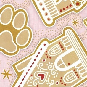 Gingerbread Dogs- Cotton Candy Pink Background 2- Gingerbread Coookies- Vintage Christmas- Holidays- Multidirectional- Christmas Tree- Bones- Pawprints- Corgi- Bichon- Pug- Poodle- Large