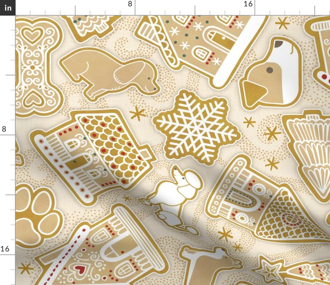 Gingerbread Dogs- Honey Background2- Gingerbread Coookies- Vintage Christmas- Holidays- Multidirectional- Christmas Tree- Bones- Pawprints- Corgi- Bichon- Pug- Poodle- Large