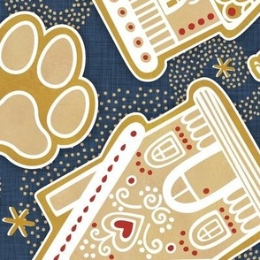 Gingerbread Dogs- Navy Blue Background2- Gingerbread Coookies- Vintage Christmas- Holidays- Multidirectional- Christmas Tree- Bones- Pawprints- Corgi- Bichon- Pug- Poodle- Large