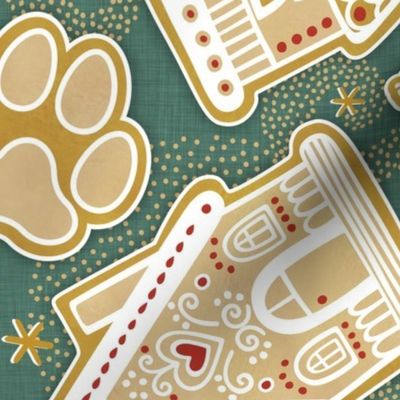 Gingerbread Dogs- Pine Green Background2- Gingerbread Coookies- Vintage Christmas- Holidays- Multidirectional- Christmas Tree- Bones- Pawprints- Corgi- Bichon- Pug- Poodle- Large