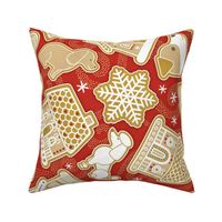 Gingerbread Dogs- Poppy Red Background2- Gingerbread Coookies- Vintage Christmas- Holidays- Multidirectional- Christmas Tree- Bones- Pawprints- Corgi- Bichon- Pug- Poodle- Large