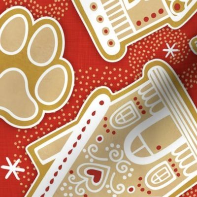 Gingerbread Dogs- Poppy Red Background2- Gingerbread Coookies- Vintage Christmas- Holidays- Multidirectional- Christmas Tree- Bones- Pawprints- Corgi- Bichon- Pug- Poodle- Large
