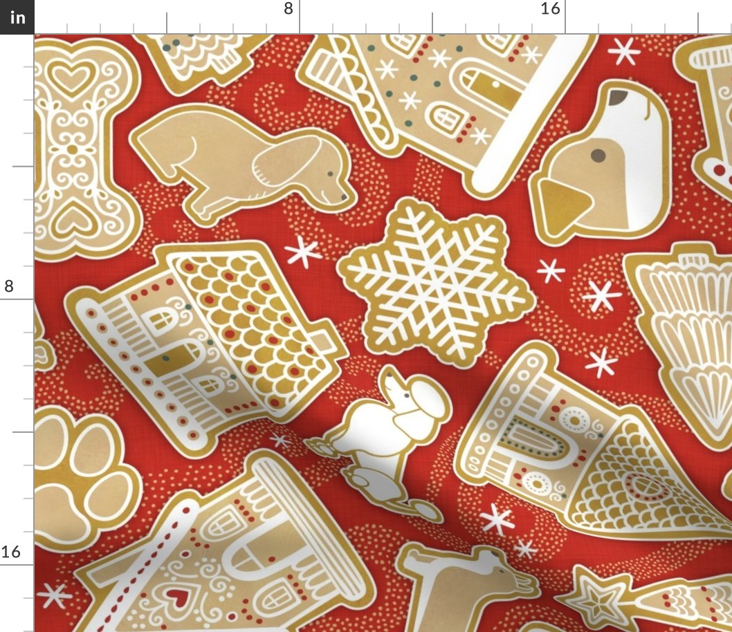 Gingerbread Dogs- Poppy Red Background2- Gingerbread Coookies- Vintage Christmas- Holidays- Multidirectional- Christmas Tree- Bones- Pawprints- Corgi- Bichon- Pug- Poodle- Large