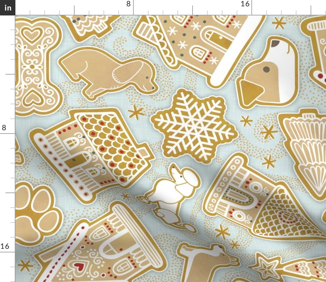 Gingerbread Dogs- Seaglass Mint Green Background2- Gingerbread Coookies- Vintage Christmas- Holidays- Multidirectional- Christmas Tree- Bones- Pawprints- Corgi- Bichon- Pug- Poodle- Large