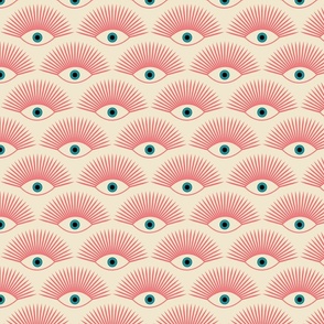 Art Deco Evil Eye - Pink + Teal on Natural - MEDIUM