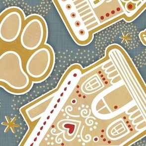 Gingerbread Dogs- Slate Gray Background2- Gingerbread Coookies- Vintage Christmas- Holidays- Multidirectional- Christmas Tree- Bones- Pawprints- Corgi- Bichon- Pug- Poodle- Large