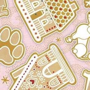 Gingerbread Dogs- Cotton Candy Pink Background 2- Gingerbread Coookies- Vintage Christmas- Holidays- Multidirectional- Christmas Tree- Bones- Pawprints- Corgi- Bichon- Pug- Poodle- Medium