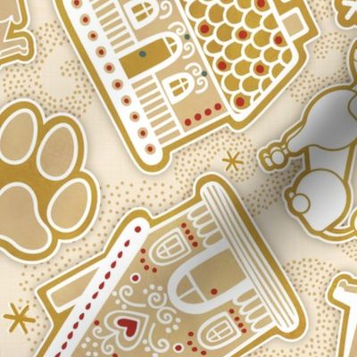 Gingerbread Dogs- Honey Background2- Gingerbread Coookies- Vintage Christmas- Holidays- Multidirectional- Christmas Tree- Bones- Pawprints- Corgi- Bichon- Pug- Poodle- Medium