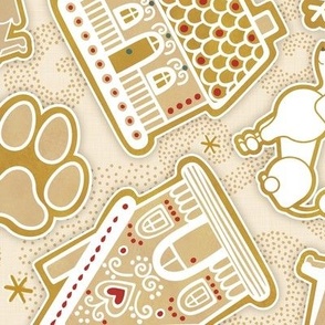 Gingerbread Dogs- Honey Background2- Gingerbread Coookies- Vintage Christmas- Holidays- Multidirectional- Christmas Tree- Bones- Pawprints- Corgi- Bichon- Pug- Poodle- Medium