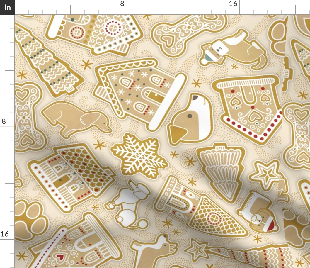 Gingerbread Dogs- Honey Background2- Gingerbread Coookies- Vintage Christmas- Holidays- Multidirectional- Christmas Tree- Bones- Pawprints- Corgi- Bichon- Pug- Poodle- Medium