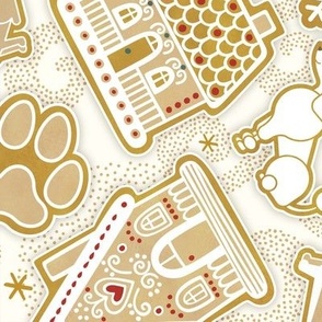 Gingerbread Dogs- Natural Background2- Gingerbread Coookies- Vintage Christmas- Holidays- Multidirectional- Christmas Tree- Bones- Pawprints- Corgi- Bichon- Pug- Poodle- Medium