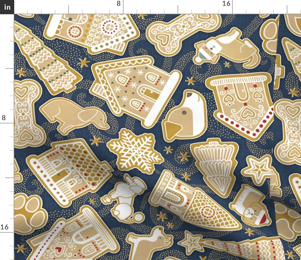 Gingerbread Dogs- Navy Blue Background2- Gingerbread Coookies- Vintage Christmas- Holidays- Multidirectional- Christmas Tree- Bones- Pawprints- Corgi- Bichon- Pug- Poodle- Medium