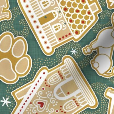Gingerbread Dogs- Pine Green Background2- Gingerbread Coookies- Vintage Christmas- Holidays- Multidirectional- Christmas Tree- Bones- Pawprints- Corgi- Bichon- Pug- Poodle- Medium