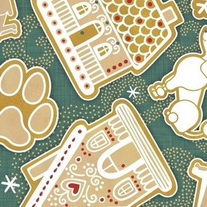 Gingerbread Dogs- Pine Green Background2- Gingerbread Coookies- Vintage Christmas- Holidays- Multidirectional- Christmas Tree- Bones- Pawprints- Corgi- Bichon- Pug- Poodle- Medium
