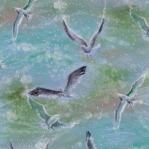 Blue birds. Seagulls in a stormy sea