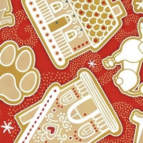 Gingerbread Dogs- Poppy Red Background2- Gingerbread Coookies- Vintage Christmas- Holidays- Multidirectional- Christmas Tree- Bones- Pawprints- Corgi- Bichon- Pug- Poodle- Medium