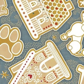 Gingerbread Dogs- Slate Gray Background2- Gingerbread Coookies- Vintage Christmas- Holidays- Multidirectional- Christmas Tree- Bones- Pawprints- Corgi- Bichon- Pug- Poodle- Medium