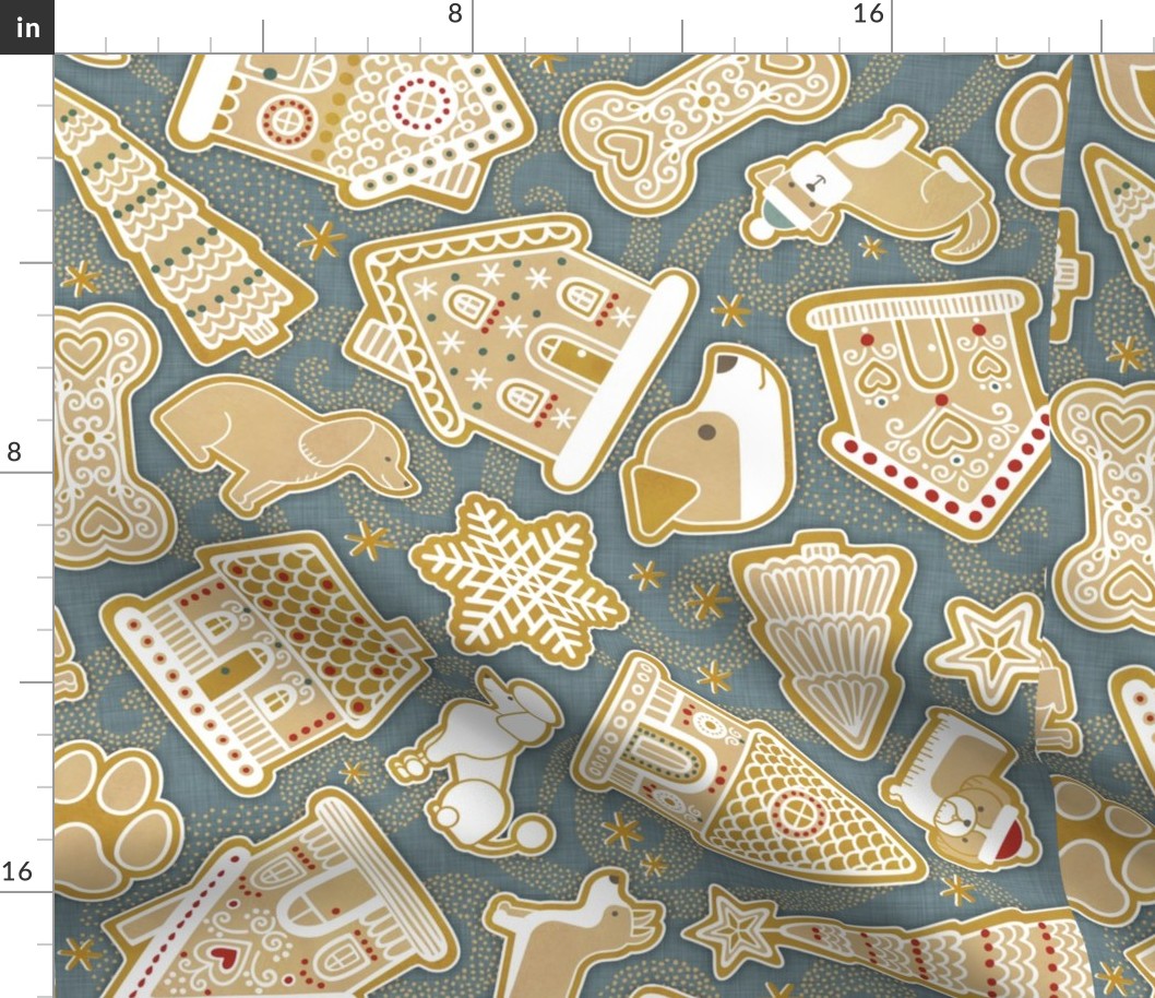 Gingerbread Dogs- Slate Gray Background2- Gingerbread Coookies- Vintage Christmas- Holidays- Multidirectional- Christmas Tree- Bones- Pawprints- Corgi- Bichon- Pug- Poodle- Medium