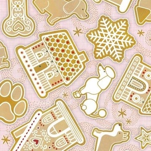 Gingerbread Dogs- Cotton Candy Pink Background 2- Gingerbread Coookies- Vintage Christmas- Holidays- Multidirectional- Christmas Tree- Bones- Pawprints- Corgi- Bichon- Pug- Poodle- Small
