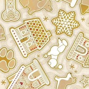Gingerbread Dogs- Honey Background2- Gingerbread Coookies- Vintage Christmas- Holidays- Multidirectional- Christmas Tree- Bones- Pawprints- Corgi- Bichon- Pug- Poodle- Small