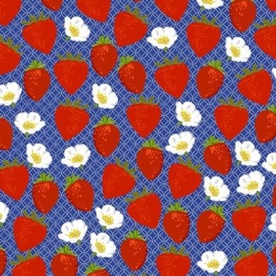 Red Strawberry Ditsy  Navy and  White Lace Background