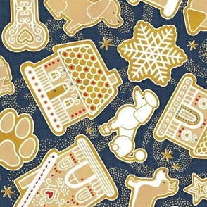 Gingerbread Dogs- Navy Blue Background2- Gingerbread Coookies- Vintage Christmas- Holidays- Multidirectional- Christmas Tree- Bones- Pawprints- Corgi- Bichon- Pug- Poodle- Small