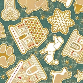 Gingerbread Dogs- Pine Green Background2- Gingerbread Coookies- Vintage Christmas- Holidays- Multidirectional- Christmas Tree- Bones- Pawprints- Corgi- Bichon- Pug- Poodle- Small