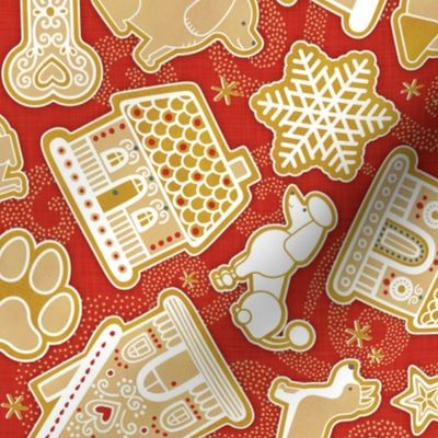 Gingerbread Dogs- Poppy Red Background2- Gingerbread Coookies- Vintage Christmas- Holidays- Multidirectional- Christmas Tree- Bones- Pawprints- Corgi- Bichon- Pug- Poodle- Small