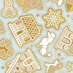 Gingerbread Dogs- Seaglass Mint Green Background- Gingerbread Coookies- Vintage Christmas- Holidays- Multidirectional- Christmas Tree- Bones- Pawprints- Corgi- Bichon- Pug- Poodle- Small