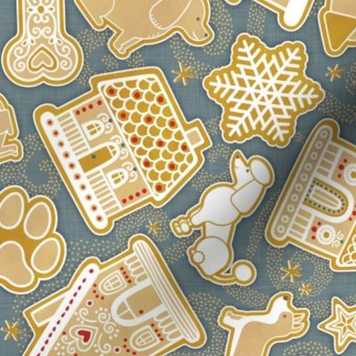 Gingerbread Dogs- Slate Gray Background- Gingerbread Cookies- Vintage Christmas- Holidays- Multi directional- Christmas Tree- Bones- Paw prints- Corgi- Bichon- Pug- Poodle- Small