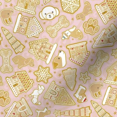 Gingerbread Dogs- Cotton Candy Pink Background 2- Gingerbread Cookies- Vintage Christmas- Holidays- Multi directional- Christmas Tree- Bones- Paw prints- Corgi- Bichon- Pug- Poodle- Mini