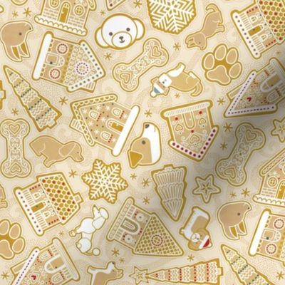 Gingerbread Dogs- Honey Background- Gingerbread Cookies- Vintage Christmas- Holidays- Multi directional- Christmas Tree- Bones- Paw prints- Corgi- Bichon- Pug- Poodle- Mini