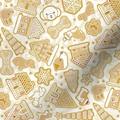 Gingerbread Dogs- Natural Background- Christmas Dog Cookies- Holiday Pets- Ditsy Gingerbread Cookies- Holiday Baking- Food- Christmas Trees- Snowflakes- Stars- Pug- Corgi- Poodle- Bichon- Small