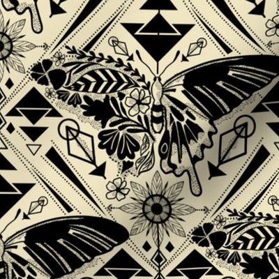 Butterfly Geo Traditional Flash Tattoo Sheet Black Ink Vintage