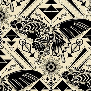 Butterfly Geo Traditional Flash Tattoo Sheet Black Ink Vintage