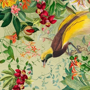Paradise Bird in Tropical Fruit And Flower Jungle, Passionflower, Lemons, Bird Teatowel