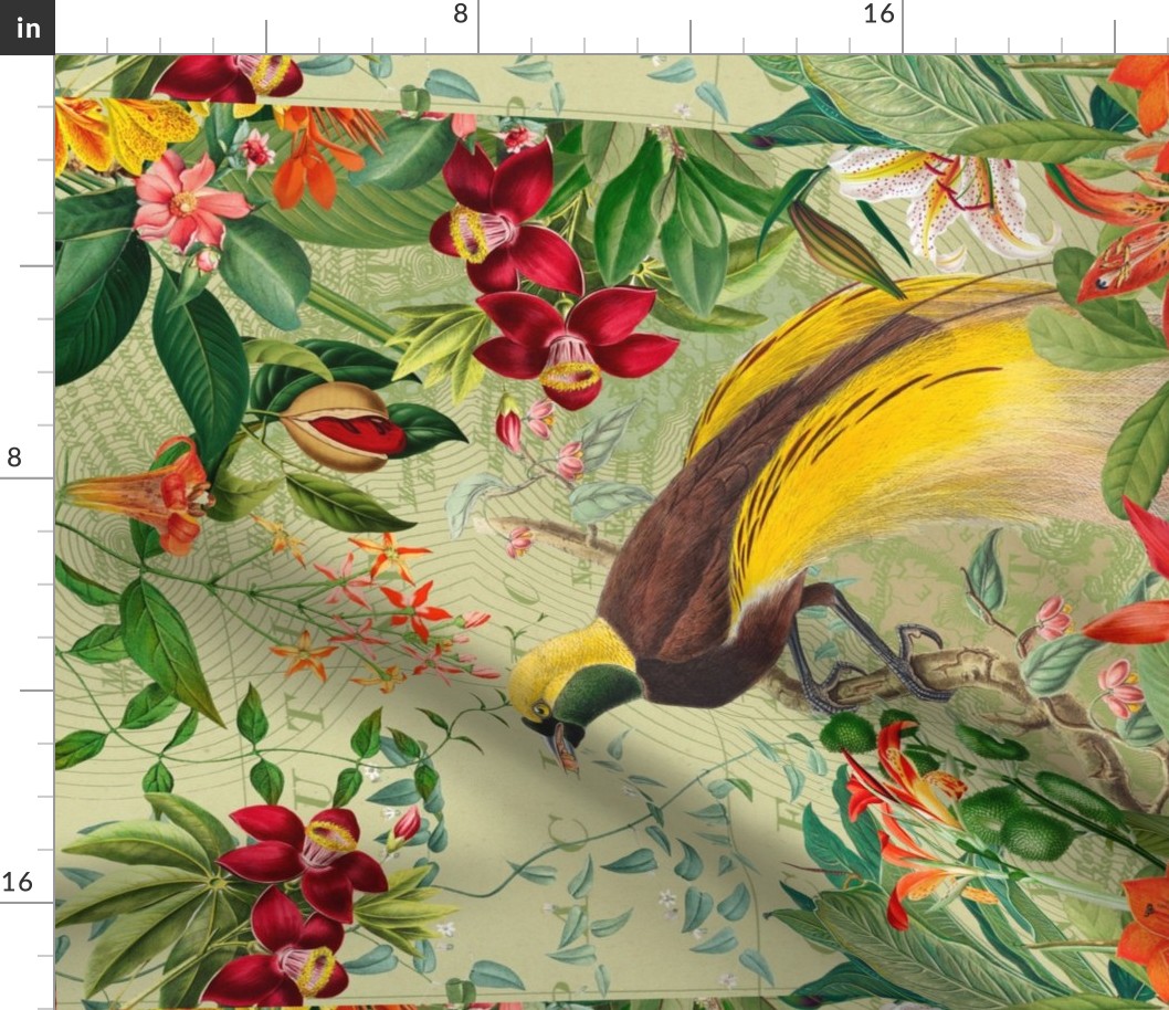 Paradise Bird in Tropical Fruit And Flower Jungle, Passionflower, Lemons, Bird Teatowel