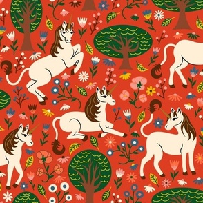 Fantastical Forest - Unicorn Utopia - Red Floral with Unicorns