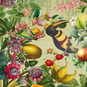 Toucan Bird in Tropical Fruit And Flower Jungle, Passionflower, Lemons, Bird Teatowel