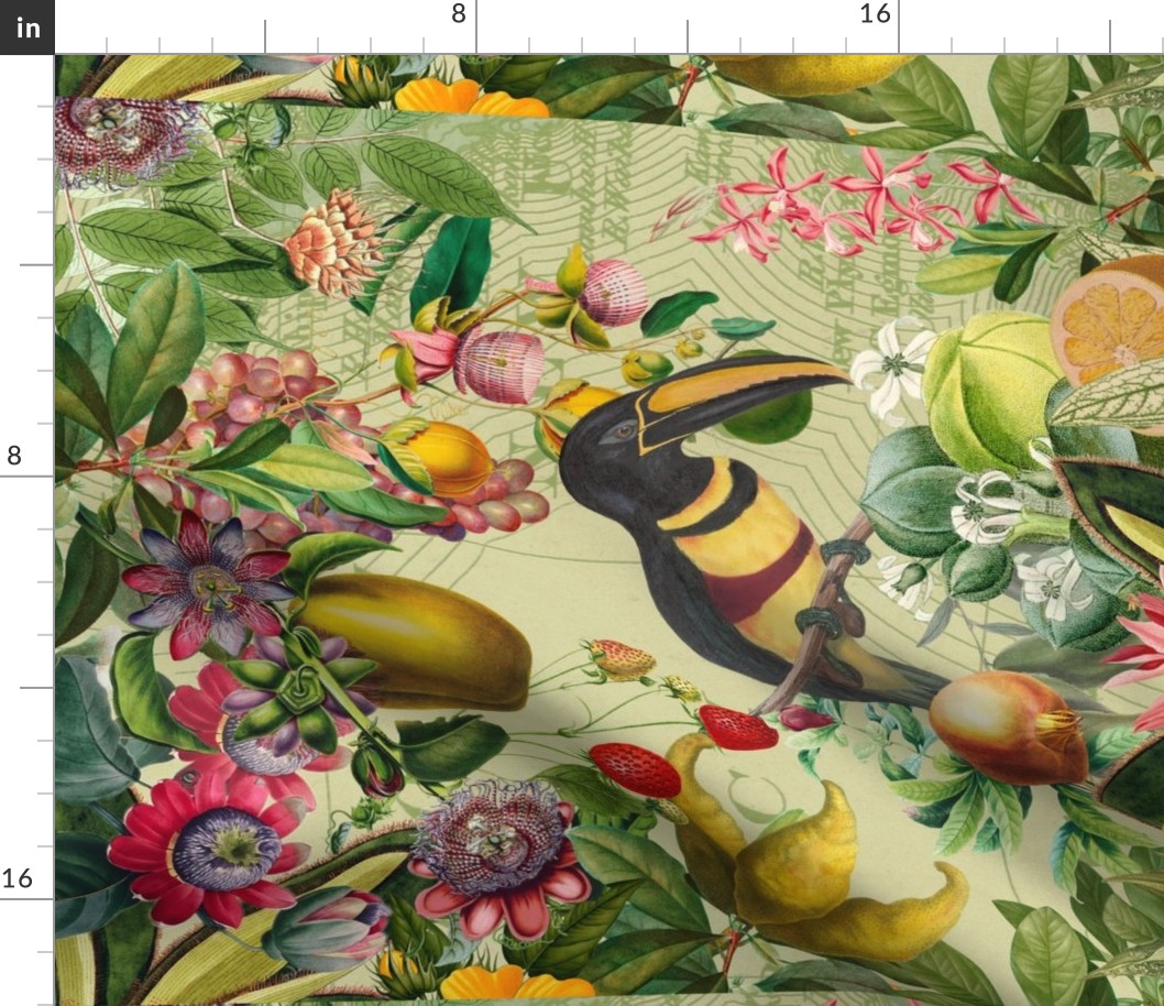Toucan Bird in Tropical Fruit And Flower Jungle, Passionflower, Lemons, Bird Teatowel
