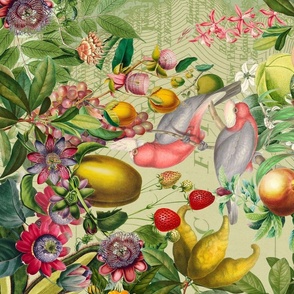 Pink Cockatoos in Tropical Fruit And Flower Jungle, Passionflower, Lemons, Bird Teatowel 
