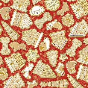 Gingerbread Dogs- Poppy Red Background2- Gingerbread Coookies- Vintage Christmas- Holidays- Multidirectional- Christmas Tree- Bones- Pawprints- Corgi- Bichon- Pug- Poodle- sMini